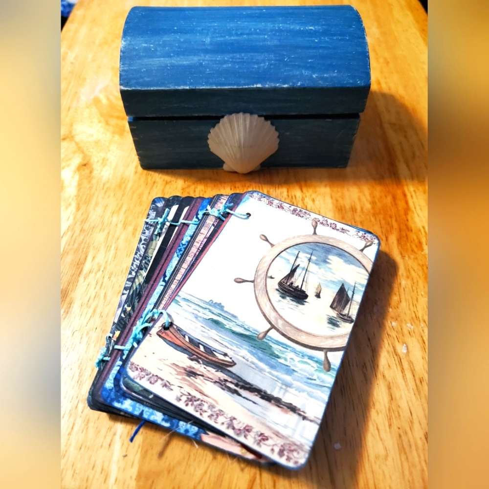 🙏 HAND CRAFTED Beach theme flip book with journal cards and wood box